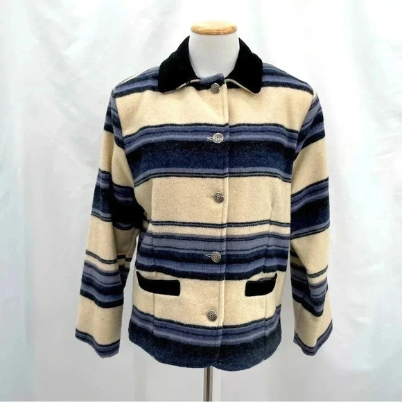 Woolrich Women's Wool Jacket Small Cream Blue Button Closure Lined Pockets Coat - Picture 1 of 16